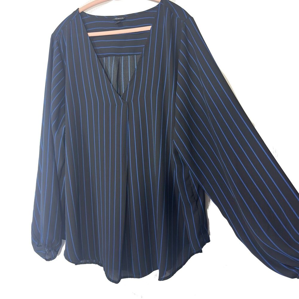 Torrid Top Blouse Women’s 3X Black Blue Striped V Neck Long Sleeve Career Flowy